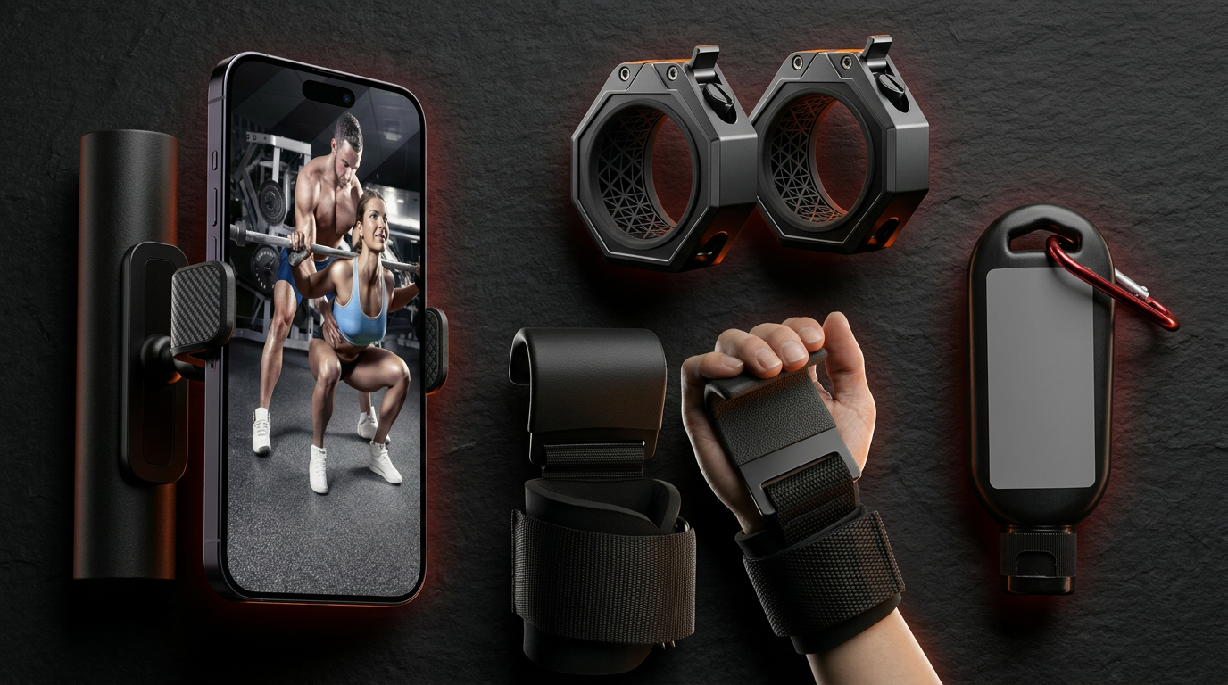 ForgeMount Ultimate Training Bundle — phone mount, barbell collars, lifting hooks and liquid chalk laid out together
