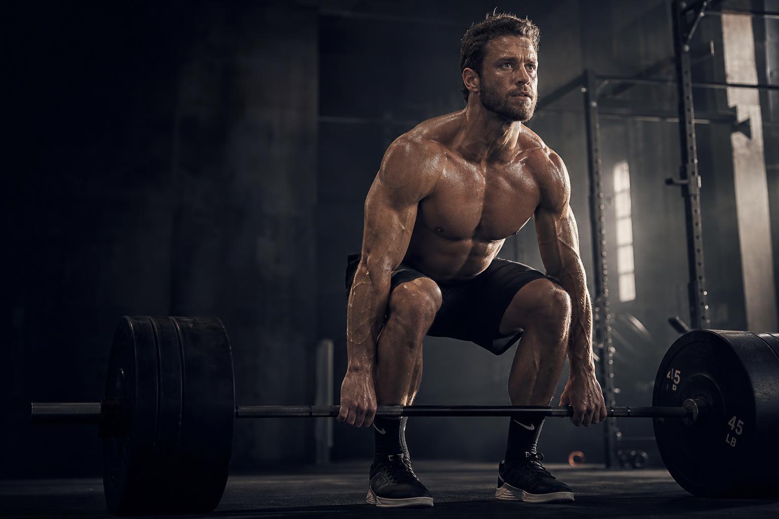 Athlete deadlifting in a moody luxury gym with a phone magnetically mounted to the squat rack
